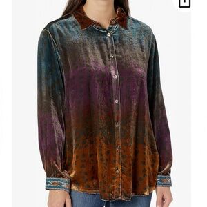 Johnny Was Velvet Shirt Ombre Cheetah Blouse Boho Relaxed Fit Women’s Small